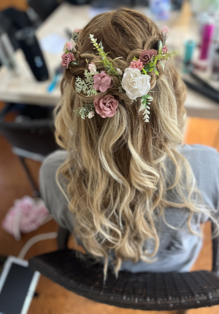 wedding styling long curls with flowers
